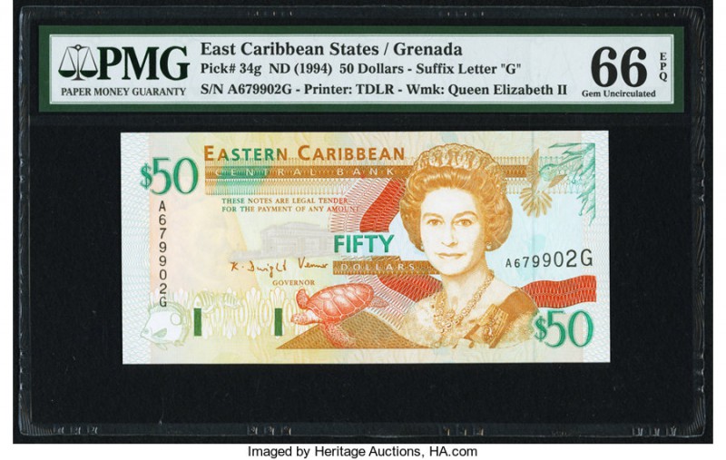 East Caribbean States Central Bank, Grenada 50 Dollars ND (1994) Pick 34g PMG Ge...