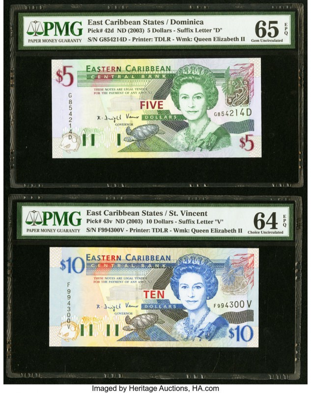 East Caribbean States Central Bank, Dominica 5 Dollars ND (2003); ND (2008) Pick...