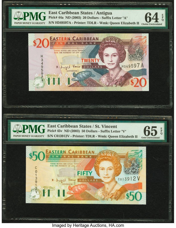East Caribbean States Central Bank, Antigua 20; 50 Dollars ND (2003) Pick 44a; 4...