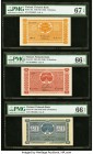Finland Finlands Bank 5; 10; 20 Markkaa 1945 (ND 1946); 1945 (ND 1948); 1945 (ND 1948) Pick 76a; 85; 86 Three Examples PMG Superb Gem Unc 67 EPQ; Gem ...