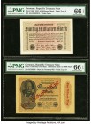 Germany Republic Treasury Note 50; 1 Millionen Mark 1923; 1922 Pick 109b; 113b Two Examples PMG Gem Uncirculated 66 EPQ. 

HID09801242017