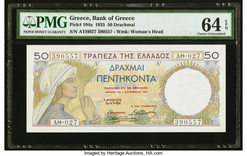 Greece Bank of Greece 50 Drachmai 1935 Pick 104a PMG Choice Uncirculated 64 EPQ....