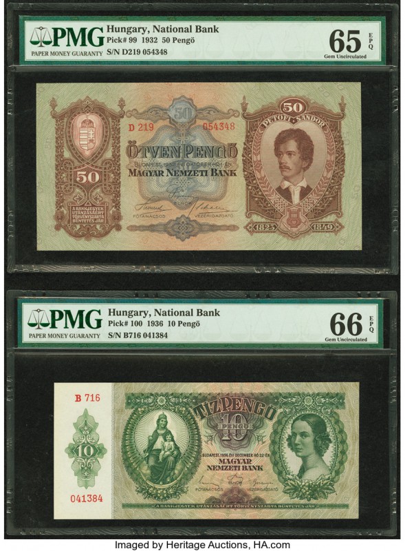 Hungary Hungarian National Bank 50; 10 Pengo 1932; 1936 Pick 99; 100 Two Example...