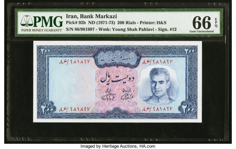 Iran Bank Markazi 200 Rials ND (1971-73) Pick 92b PMG Gem Uncirculated 66 EPQ. 
...