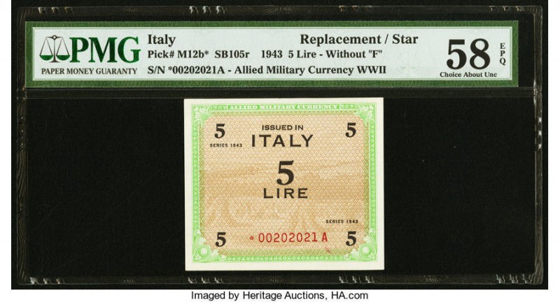 Italy Allied Military Currency 5 Lire 1943 M12b* Replacement PMG Choice About Un...