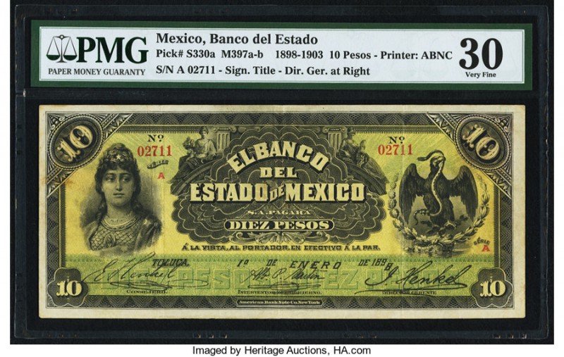 Mexico Banco Del Estado De Mexico 10 Pesos 1.1.1898 Pick S330a M397 PMG Very Fin...