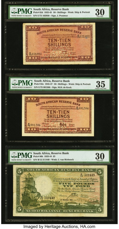 South Africa South African Reserve Bank Three PMG Graded Examples. 10 Shillings ...