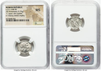 Anonymous (ca. 211-208 BC). AR victoriatus (17mm, 2.75 gm, 5h). NGC MS. Luceria. Laureate head of Jupiter right, bead-and-reel border / Victory standi...