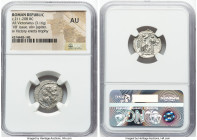 Anonymous (ca. 211-208 BC). AR victoriatus (19mm, 3.16 gm, 6h). NGC AU. Uncertain mint. Laureate head of Jupiter right; dotted border / Victory standi...