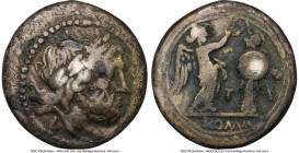 Anonymous (ca. 211-208 BC). AR victoriatus (16mm, 2.78 gm, 1h). NGC Choice Fine 5/5 - 2/5. Luceria, 211-210 BC. Laureate head of Jupiter right; archai...