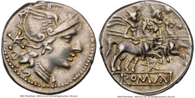 Anonymous (ca. 206-200 BC). AR denarius (18mm, 3.30 gm, 4h). NGC Choice VF 5/5 - 4/5. Rome. Head of Roma right, wearing pendant earring, beaded neckla...