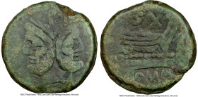 Cluvius Saxula (ca. 169-158 BC). AE as (32mm, 6h). NGC Choice Fine. Rome. Laureate, bearded head of Janus; I (mark of value) above / C•SAX (AX ligate)...