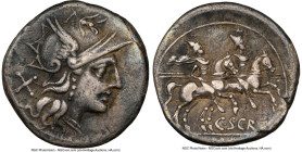 C. Scribonius C.f. (ca. 154 BC). AR denarius (18mm, 3.55 gm, 8h). NGC VF 5/5 - 3/5, edge chips. Rome. Head of Roma right, wearing pendant earring, bea...