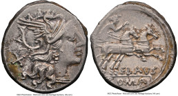 Decimius Flavus (ca. 150 BC). AR denarius (19mm, 12h). NGC AU. Rome. Head of Roma right, wearing pendant earring, necklace, and winged helmet surmount...