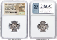 C. Antestius (146 BC). AR denarius (18mm, 3.58 gm, 2h). NGC Choice AU 4/5 - 3/5, brushed. Rome. C ANTES-TI (ANTE ligate), head of Roma right, wearing ...