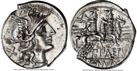 P. Aelius Paetus (ca. 138 BC). AR denarius (20mm, 5h). NGC Choice VF. Rome. Head of Roma right, wearing pendant earring, beaded necklace, and winged h...