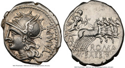 M. Baebius Q.f. Tampilus (ca. 137 BC). AR denarius (20mm, 3.94 gm, 7h). NGC Choice XF 5/5 - 3/5, brushed. Rome. TAMPIL, head of Roma left, wearing pen...