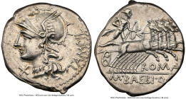M. Baebius Q.f. Tampilus (ca. 137 BC). AR denarius (19mm, 3.93 gm, 7h). NGC Choice XF 4/5 - 3/5, brushed. Rome. TAMPIL, head of Roma left, wearing pen...