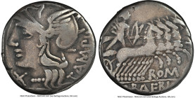 M. Baebius Q.f. Tampilus (ca. 137 BC). AR denarius (17mm, 4h). NGC Fine. Rome. TAMPIL, head of Roma left, wearing pendant earring, beaded necklace, an...