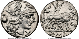 Sextus Pomponius Fostlus (ca. 137 BC). AR denarius (18mm, 3.95 gm, 11h). NGC Choice XF 4/5 - 3/5, brushed. Rome. Head of Roma right, wearing winged he...