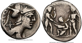 Ti. Veturius (ca. 137 BC). AR denarius (18mm, 3.68 gm, 4h). NGC Fine 4/5 - 2/5, scratches, edge cut. Rome. TI•VET (VET ligate), draped bust of Mars ri...