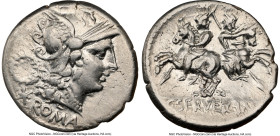 C. Servilius M.f. (ca. 136 BC). AR denarius (19mm, 3.93 gm, 5h). NGC Choice VF 4/5 - 3/5, brushed. Rome. ROMA, head of Roma right, wearing pendant ear...