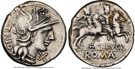 Cn. Lucretius Trio (ca. 136 BC). AR denarius (19mm, 4h). NGC VF, graffito. Rome. TRIO, head of Roma right, wearing pendant earring, beaded necklace, a...