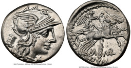 M. Marcius Mn.f. (ca. 134 BC). AR denarius (19mm, 3.97 gm, 11h). NGC AU 5/5 - 3/5, brushed. Rome. Head of Roma right, wearing pendant earring, beaded ...
