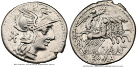 P. Maenius Antiaticus (ca. 132 BC). AR denarius (20mm, 3.91 gm, 7h). NGC Choice VF 5/5 - 3/5, brushed. Rome. Head of Roma right, wearing pendant earri...