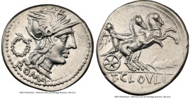 T. Cloelius (ca. 128 BC). AR denarius (20mm, 3.96 gm, 8h). NGC Choice XF 4/5 - 2/5, brushed. Rome. ROMA, head of Roma right, wearing pendant earring, ...