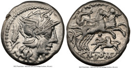 Cn. Domitius Ahenobarbus (ca. 128 BC). AR denarius (17mm, 3.92 gm, 11h). NGC Choice VF 5/5 - 3/5, brushed. Rome. Head of Roma right, wearing pendant e...