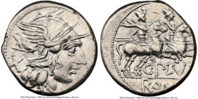 C. Plutius (ca. 121 BC). AR denarius (18mm, 3.90 gm, 3h). NGC XF 4/5 - 2/5, brushed. Rome. Head of Roma right, wearing pendant earring, beaded necklac...