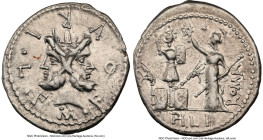M. Furius L.f. Philus (ca. 121-119 BC). AR denarius (20mm, 3.88 gm, 11h). NGC Choice VF 5/5 - 3/5, brushed. Rome. M-•FOVRI•L•F, laureate, bearded head...