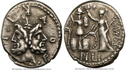 M. Furius L.f. Philus (ca. 121-119 BC). AR denarius (19mm, 3.81 gm, 1h). NGC VF 5/5 - 4/5. Rome. M•FOVRI•L•F, laureate, bearded head of Janus / PHLI (...
