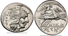 M. Calidius, Q. Metellus, and Cn. Fulvius (ca. 117-116 BC). AR denarius (20mm, 3.92 gm, 4h). NGC XF 4/5 - 3/5, brushed. Rome. ROMA, head of Roma right...