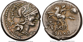M. Sergius Silus (ca. 116-115 BC). AR denarius (16mm, 3.90 gm, 4h). NGC Choice VF 4/5 - 4/5. Rome, special quaestorian issue. EX•S•C-ROMA Head of Roma...