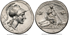 Anonymous (ca. 115-114 BC). AR denarius (21mm, 3.95 gm, 11h). NGC Choice XF 5/5 - 4/5, brushed. Rome. ROMA, head of Roma right, wearing pendant earrin...