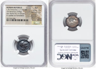 L.M.Torquatus (c.113/2 BC). AR denarius (18mm, 3.85 gm, 5h). NGC AU 4/5 - 3/5. Ca. 113-112 BC, Rome. ROMA (MA ligate), head of Roma right, wearing pen...