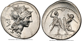 T. Didius (113-112 BC). AR denarius (20mm, 3.96 gm, 7h). NGC Choice XF 5/5 - 3/5, brushed. Head of Roma right wearing pendant earring, beaded necklace...