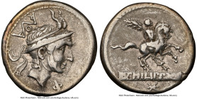 L. Philippus (ca. 113-112 BC). AR denarius (18mm, 2h). NGC VF, scratch. Rome. Head of Philip V of Macedon right, wearing helmet decorated with goats' ...