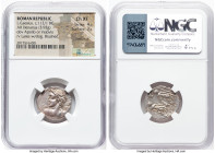 Lucius Caesius (ca. 112/1 BC). AR denarius (20mm, 3.92 gm, 10h). NGC Choice XF 4/5 - 3/5, overstruck, brushed. Rome. Bust of Apollo-Vejovis left, hurl...