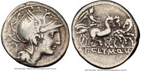 Titus Manlius Mancius, Appius Claudius Pulcher, and Q. Urbinius, moneyers (ca. 111-110 BC). AR denarius (17mm, 10h). NGC Choice Fine. Rome. Head of Ro...