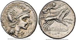 L. Flaminius Chilo (ca. 109-108 BC). AR denarius (19mm, 3.90 gm, 7h). NGC Choice XF 5/5 - 3/5, brushed. Rome. ROMA, head of Roma right, wearing pendan...