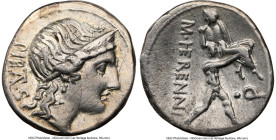 M. Herennius (ca. 108-107 BC). AR denarius (18mm, 3.88 gm, 1h). NGC Choice VF 5/5 - 2/5, graffiti. PIETAS (TA ligate), head of Pietas right / M•HERENN...