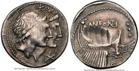 Mn. Fonteius (ca. 108-107 BC). AR denarius (19mm, 3.96 gm, 4h). NGC VF 2/5 - 4/5, adjusted flan. Rome. Jugate laureate heads of Dioscuri right, two st...