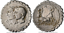 C. Sulpicius C.f. Galba (ca. 106 BC). AR denarius (20mm, 3.99 gm, 10h). NGC XF 5/5 - 3/5, scratch. Rome. D•P•P, conjoined laureate heads of the Dei Pe...