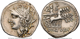 L. Appuleius Saturninus (ca. 104 BC). AR denarius (19mm, 3.82 gm, 1h). NGC Choice VF 5/5 - 2/5, scratch, brushed. Rome. Head of Roma left, wearing pen...