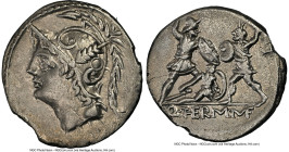 Q. Minucius Thermus M.f. (ca. 103 BC). AR denarius (19mm, 3.80 gm, 3h). NGC XF 5/5 - 2/5, edge chips, brushed. Rome. Head of Mars left, wearing creste...