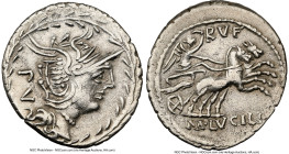 M. Lucilius Rufus (ca. 101 BC). AR denarius (21mm, 3.85 gm, 1h). NGC Choice VF 5/5 - 3/5, brushed. Rome. Head of Roma right, wearing beaded necklace a...