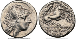 D. Silanus L.f. (ca. 91 BC). AR denarius (16mm, 3.81 gm, 1h). NGC VF 4/5 - 3/5, brushed. Rome. Head of Roma right, wearing winged helmet decorated wit...